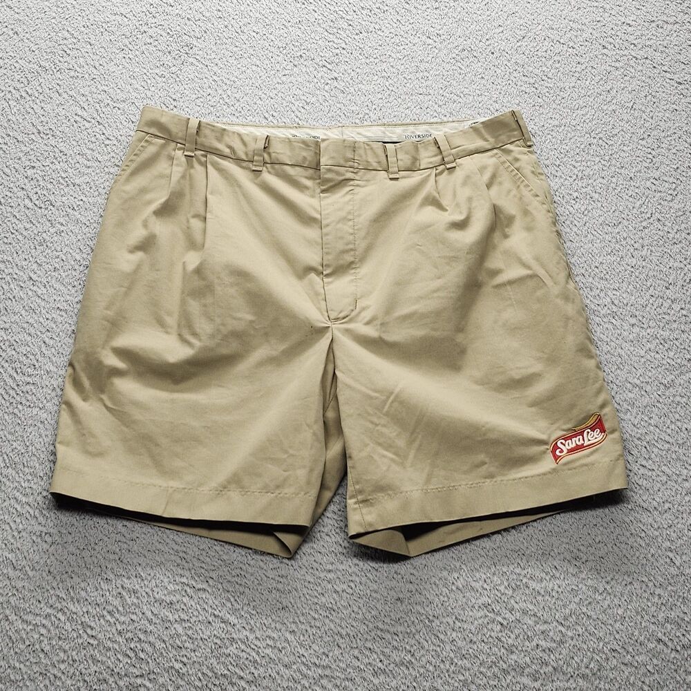 Riverside Men's Khaki Pleated Chino Shorts Sara Lee Logo Uniform Waist 42